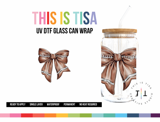 UV DTF Can Glass 16 oz Wrap: Large Football Bow